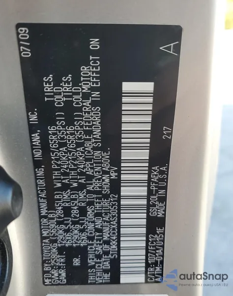 2010 Toyota Sienna Ce z USA, uszkodzony, nr VIN 5TDKK4CCXAS305312